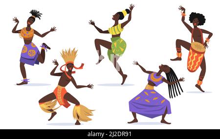 African female dancers flat set for web design. Cartoon aboriginal people dancing folk or ritual dance isolated vector illustration collection. Tribal Stock Vector