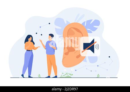 Couple of deaf people talking with hand gestures, huge ear and mute sign in background. Vector illustration for hearing loss, communication, sign lang Stock Vector