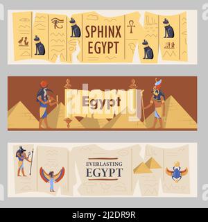 Egypt banners set. Egyptian pyramids, cats and gods vector illustrations with text. Templates for travel flyers or brochures Stock Vector