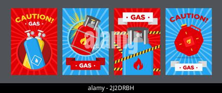 Gas station caution posters set. Canisters and balloons with flammable sign vector illustrations on red or blue background. Templates for gas station Stock Vector