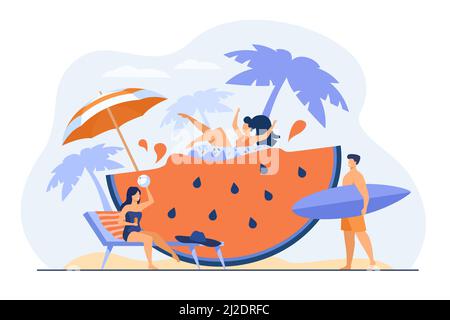 Group of friends enjoying summer activities, having fun at beach or pool party, drinking cocktail, floating with rubber ring on huge watermelon slice. Stock Vector