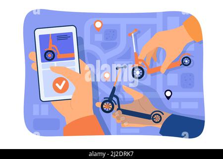 Hand of person using scooter rent or sharing app with city map on smartphone. Vector illustration for urban vehicle, city transport, communication con Stock Vector