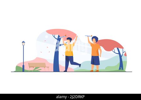 Happy kids playing with toy planes in fall park. Boys practicing aeromodelling hobby flat vector illustration. Leisure, activity, development concept Stock Vector