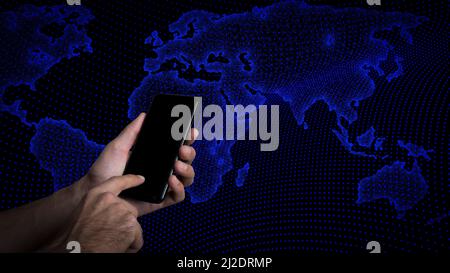 Hand with a phone on the background of 5g digital statistics, world map, analytics and big data. Business, income, cryptocurrency concept. High quality photo Stock Photo