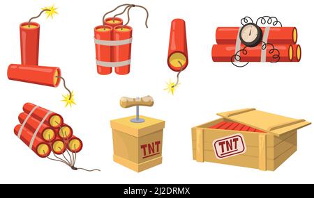 Old style dynamite flat set for web design. Cartoon detonator and TNT charge isolated vector illustration collection. Mining and construction concept Stock Vector