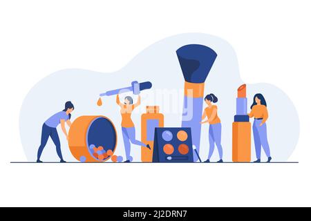Happy tiny women testing makeup products flat vector illustration. Cartoon female characters cosmetics masterclass or course. Beautician parlor and be Stock Vector