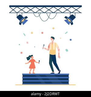 Kid and adult singers duet. Celebrity dad and daughter singing together on stage flat vector illustration. Performance, show, childhood concept for ba Stock Vector