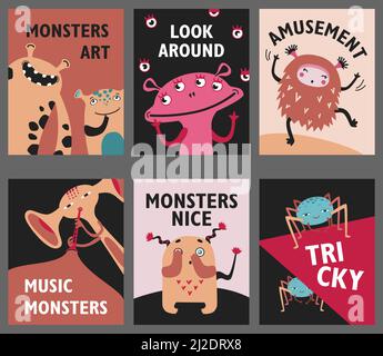 Monsters posters set. Cute creatures or beasts vector illustrations with amusement or music text. Show for kids concept for flyers, leaflets, greeting Stock Vector