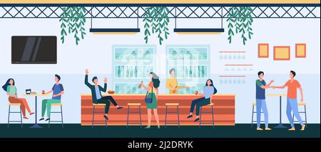 People meeting in cafe, drinking beer in pub, sitting at table or counter and talking. Vector illustration for night life, party, bar concept Stock Vector
