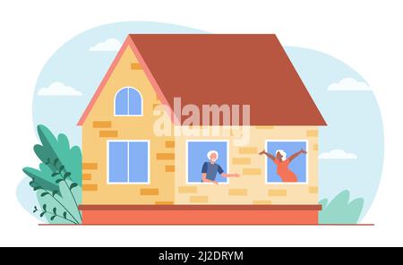 Old people talking through windows. House, love, pensioner flat vector illustration. Communication and retirement concept for banner, website design o Stock Vector