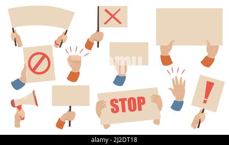 Protest placards set. Hands of activists holding megaphones, banners and posters with stop signs. Vector illustration for workers strike, demonstratio Stock Vector