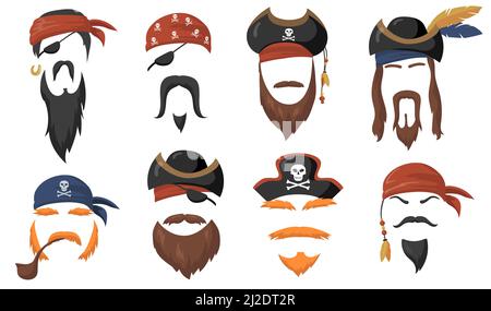 Pirate face masks for carnival flat item set. Cartoon sea pirates hats, journey bandana, beard and smoke pipe isolated vector illustration collection. Stock Vector