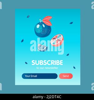 Online newsletter design with red and blue oranges. Flying fruits vector illustrations with subscribe button and box for email address. Food and drink Stock Vector