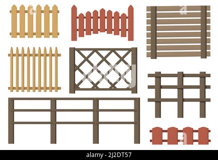 Rural wooden fences flat item set. Cartoon farm or village vintage brown gates isolated vector illustration collection. Timbers barriers and countrysi Stock Vector
