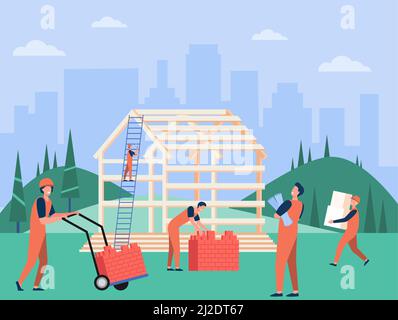 Professional carpenters team building house flat vector illustration. Cartoon builders in protective hard hats and uniform working with wooden structu Stock Vector