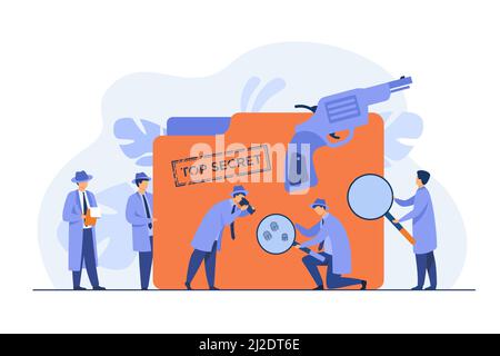 Police detectives searching evidences with magnifying glass flat vector illustration. Cartoon spies or agents in hats, gun and undercover file. Myster Stock Vector