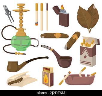Smoking accessories set. Tobacco leaves, cigarettes, hookah, cigar, pipe, ashtray isolated on white background. Vector illustrations collection for dr Stock Vector