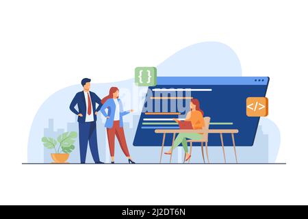 Programmers coding new program. Laptop, code, development flat vector illustration. Programming and digital technology concept for banner, website des Stock Vector