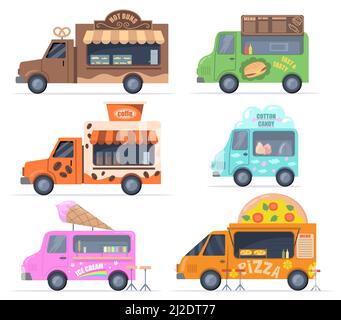 Street food trucks set. Colorful buses for selling pastry, fast food, cotton candy, coffee, ice cream, pizza. Vector illustrations collection for cate Stock Vector