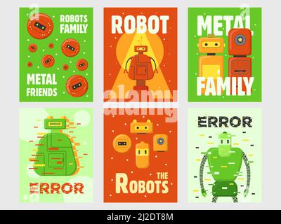 Robots flyers set. Humanoids, cyborgs, intelligent machines vector illustrations with text on green and red backgrounds. Robotics concept for posters Stock Vector