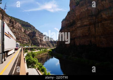Traffic jam on Grand Army of the Republic Highway, Interstate 70, in the Rocky Mountains. Glenwood Springs, Colorado, USA. High quality photo Stock Photo