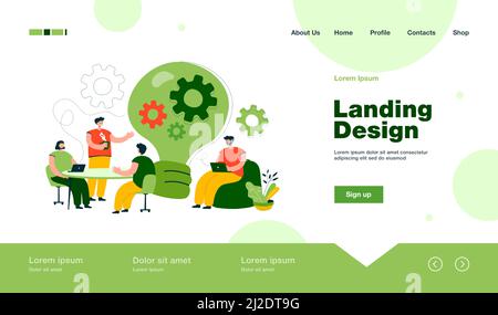 Creative office workers discussing ideas in team isolated flat vector illustration. Cartoon people sitting at desk, meeting, brainstorming and coworki Stock Vector