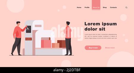 Storehouse employee operating conveyor machine. Men watching carton boxes moving on belt flat vector illustration. Logistics, shipment concept for ban Stock Vector