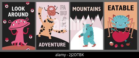 Monsters greeting cards set. Cute funny creatures or beasts vector illustrations with text. Show for kids concept for flyers, leaflets, posters Stock Vector