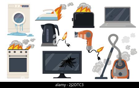 Variety of broken home electrical appliances flat item set. Cartoon damaged stove, toaster, vacuum cleaner, laptop isolated vector illustration collec Stock Vector