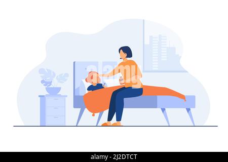 Mom taking care about sick child. Girl getting cold, suffering from flu, lying in bed with sore throat and fever. Vector illustration for childcare, m Stock Vector
