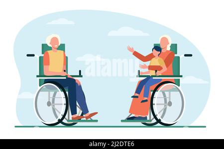 Old people in wheelchair holding kid and talking. Retirement, child, grandparent flat vector illustration. Generation and communication concept for ba Stock Vector