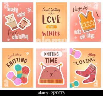 Winter knitting flyers set. Crochet, thread and yarns, knitted cloth, cute mittens and socks vector illustrations with text. Handmade hobby concept fo Stock Vector