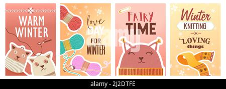 Winter knitting posters set. Pins and yarns, knitted toys and cloth vector illustrations with text. Handmade hobby concept for craft shop flyers and b Stock Vector