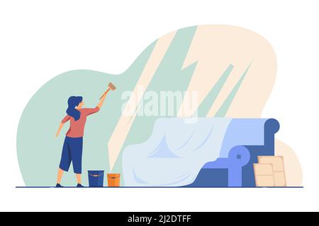 Woman washing panoramic window. House, sofa, bucket flat vector illustration. Housekeeping and cleaning service concept for banner, website design or Stock Vector