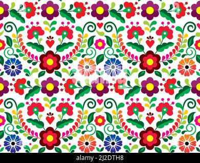 Seamless vector pattern with Mexican floral morif, textile or fabric print design inspired by traditional embroidery crafts from Mexico Stock Vector