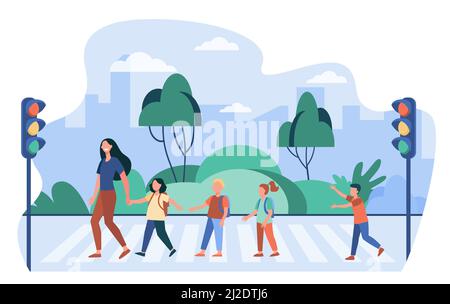 School children and teacher crossing street. Pedestrians, kids, traffic light flat vector illustration. Crosswalk, safety, warning concept for banner, Stock Vector