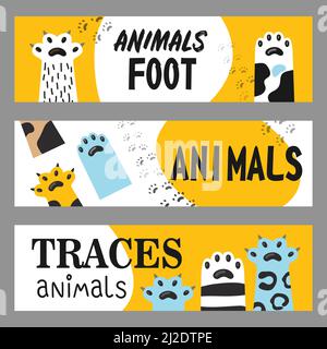 Animals foot banners set. Cat paws and claws vector illustrations with text on white and yellow background. Veterinary, pet shop, shelter concept for Stock Vector