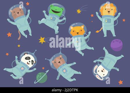 Cute baby animals in space flat set for web design. Cartoon cat, frog, fox, panda, rabbit and lion in cosmonaut costumes isolated vector illustration Stock Vector