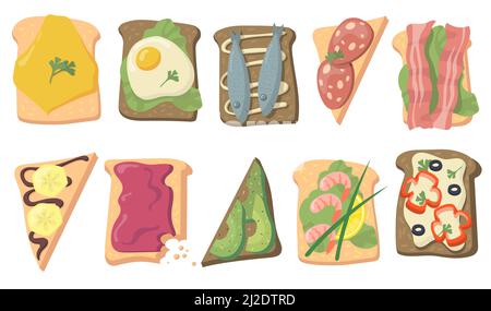Various tasty toasts flat set for web design. Cartoon sandwich bread with eggs, fish, cheese, avocado slices, bacon isolated vector illustration colle Stock Vector