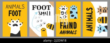 Animals foot posters set. Cat paws and claws vector illustrations with text on white and yellow background. Veterinary, pet shop, shelter concept for Stock Vector