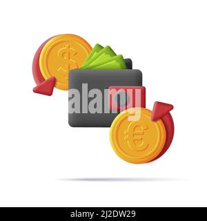 Money wallet with green paper dollars and gold coins. 3d render styly illustration with exchange rate coins, isolated Stock Vector