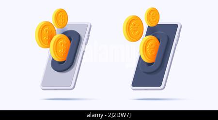 Gold coins flow out of the slot on the smartphone screen. Euro and dollar money 3d illustration, mobile application Stock Vector