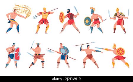 Ancient Roman soldiers set. Greek warriors, gladiators, mythology characters, Spartan soldiers with swords, shields, net, axes, spears. Vector illustr Stock Vector