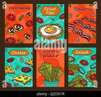 Bright brochure designs with tasty food. Colored sliced vegetables, bacon, fried egg and green salad. Delicious meal and nutrition concept. Template f Stock Vector