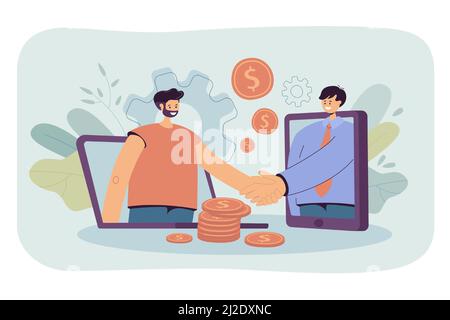 Business people using computers for closing deal online. Investor and startup leader shaking hands over money. Vector illustration for virtual handsha Stock Vector