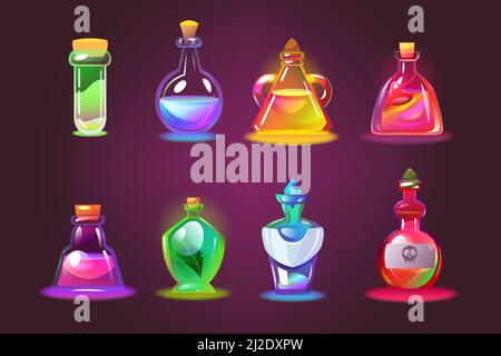 Bottles of magic potions set. Cartoon jars with love elixir, glass chemical vials with corks on dark purple background. Vector illustration for witchc Stock Vector