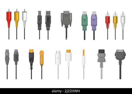 Cables and plug connectors set. Wire connections for ethernet, hdmi, vga, usb, video, audio ports. Vector illustration for cord network, compute, comm Stock Vector