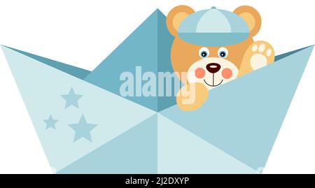 Cute baby boy teddy bear on blue paper boat Stock Photo