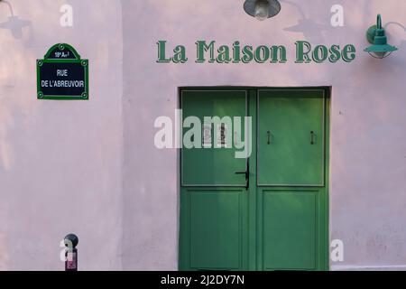Paris, France - March 22, 2022 : The entry door of the famous pink restaurant, La Maison Rose, in Montmartre Paris Stock Photo
