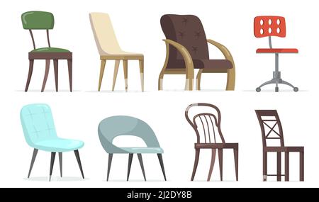 Chairs and armchairs set. Home and office furniture, seats for living rooms or workplaces. Vector illustrations for interior design, furniture store c Stock Vector